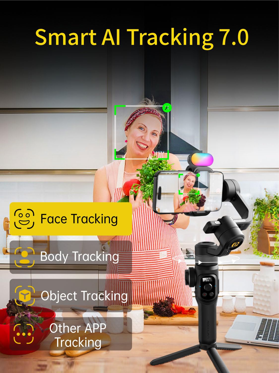 AOCHUAN Gimbal Stabilizer for Smartphone, Phone Gimbal w/8" Extension Rod, Profession 3-Axis Stabilizer w/RGB Magnetic Fill Light for Video Recording, Compatible w/iPhone/Andriod-Smart S2 Kit