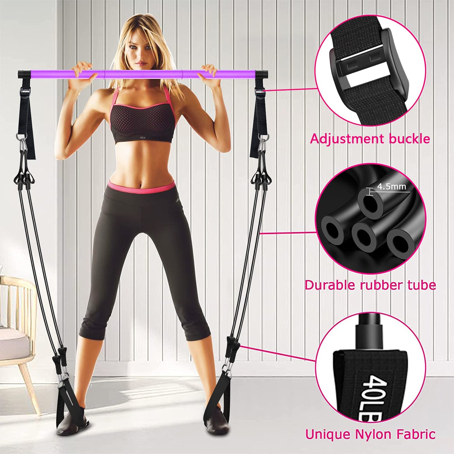 Pilates Bar Kit with Resistance Bands, Adjustable 3-Section Pilates Bar with Stackable Bands Workout Equipment for Legs,Hip,Waist and Arm Full Body Workouts Pilates (Purple(Adjustable,40/50lbs)