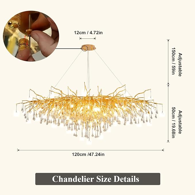 Crystal Branch Chandelier,47.24 Inch Modern Raindrop Chandeliers for Dining Room,Luxury Large Gold Ceiling Chandelier Pendant Hanging Lighting Fixture for Living Room,Entryway