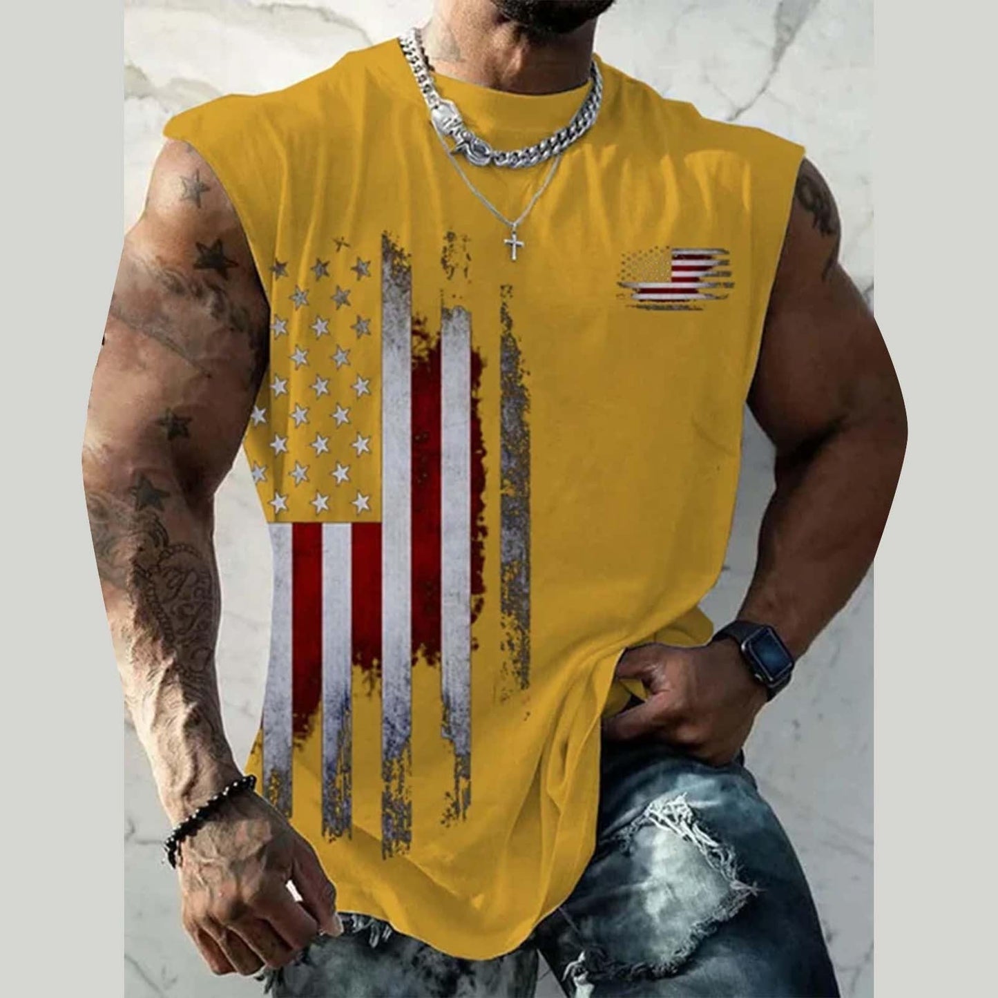 Generic Mens American Flag Tank Top, 4th of July Shirts for Men Patriotic Sleeveless Muscle Tanks USA Memorial Day Funny Graphic Shirt Summer Casual Workout Gym Big and Tall T-Shirt Yellow M