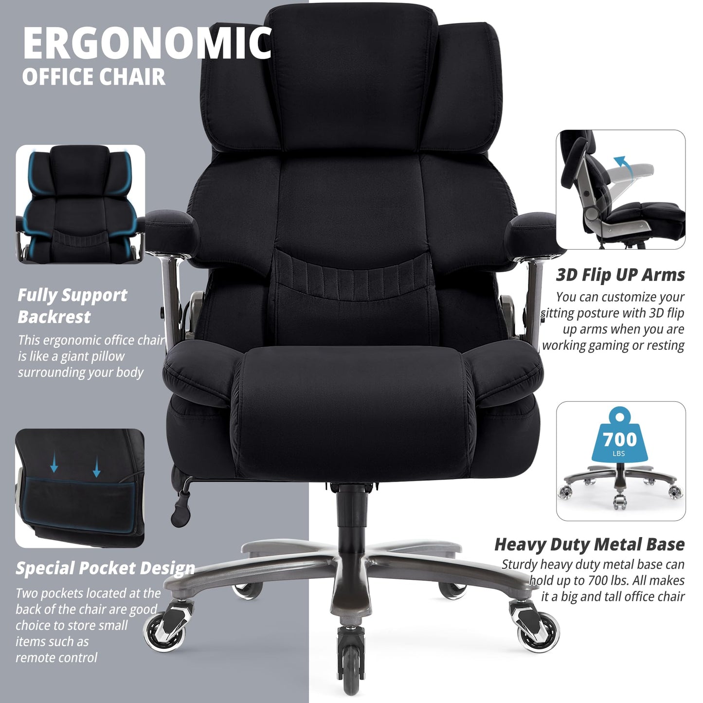 Big and Tall Office Chair 700lbs- Fabric High Back Executive Computer Chair with Adjustable Lumbar Support 3D Flip Arms Plus Size Rubber Wheels- Extra Wide Large Desk Chairs, Heavy Duty Metal Base