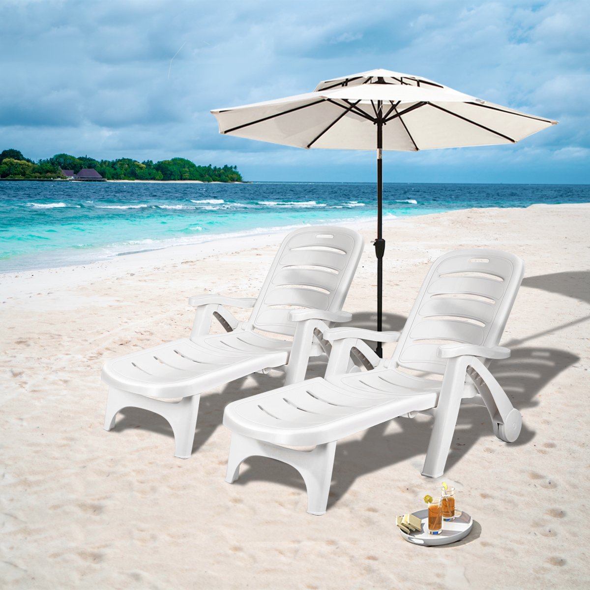 Giantex Folding Lounger Chaise Chair on Wheels Outdoor Patio Deck Chair Adjustable Rolling Lounger 5 Position Recliner w/Armrests (2, White)