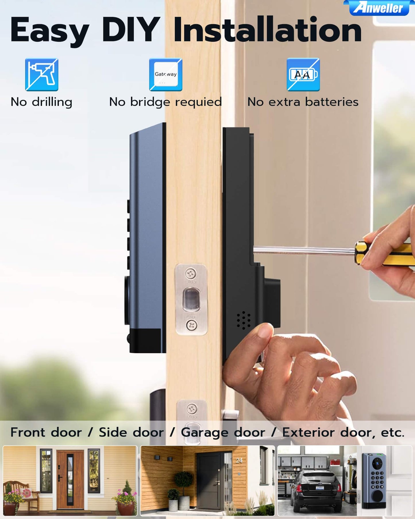 Anweller Smart Door Lock with Camera, WiFi Deadbolt with Video Doorbell, Fingerprint Biometric Electronic Keyless Entry Front Door Lock with Code Keypad for Exterior Doors, 10000mAh Battery