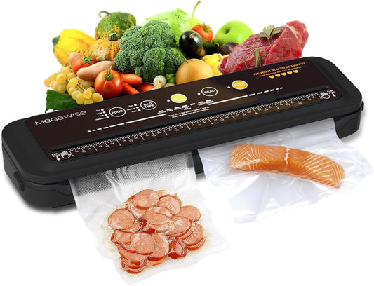 Updated Vacuum Sealer Machine (2025), MEGAWISE Food Sealer w/Starter Kit, Dry & Moist Food Modes, Compact Design with 10 Vacuum Bags & Built-in Cutter