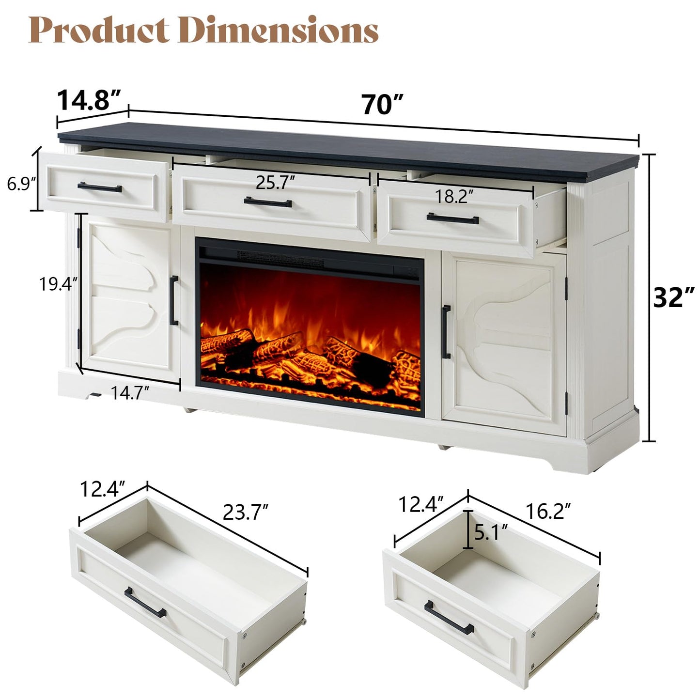 AMERLIFE 70" Farmhouse Fireplace TV Stand, Entertainment Center Table with 30'' Electric Fireplace, TV Console with Storage Cabinet Drawer for TVs Up to 80", Distressed White