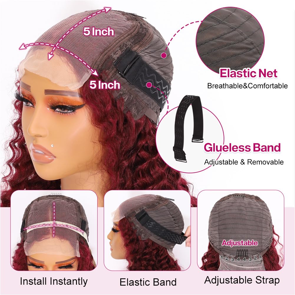 Ailwelia 99j Burgundy Wear And Go Glueless Wigs Bob Wigs For Black Women Deep Wave Bob Wig Human Hair 5x5 Hd Lace Closure Wigs Human Hair Curly Bob Wig Human Hair Preplucked 200 Density 12 Inch