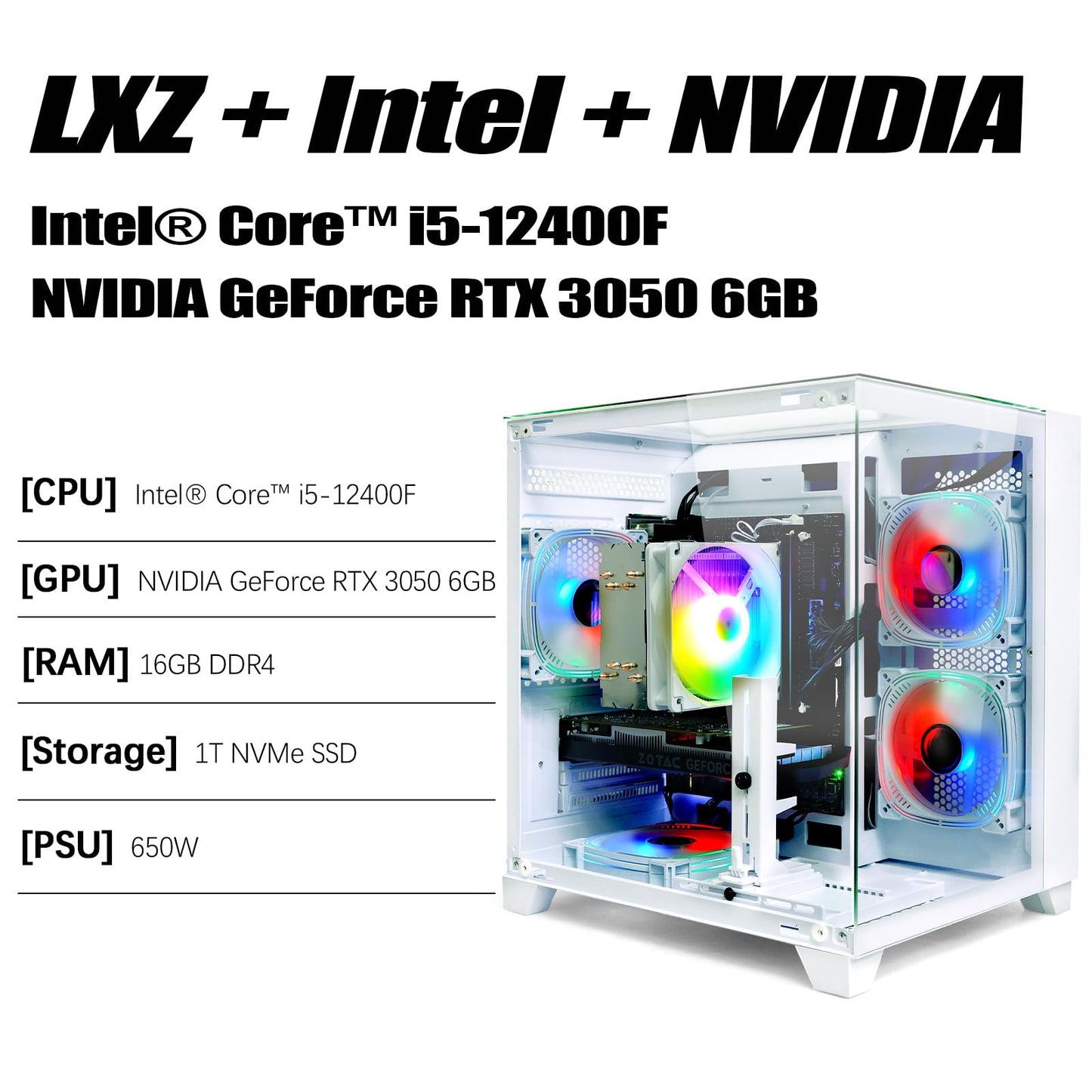 LXZ Gaming PC Desktop, I5-12400F, 2.5GHz, GeForce RTX 3050 6GB, 16GB DDR4 RAM, 1TB NVME SSD, for Gaming and Work, White