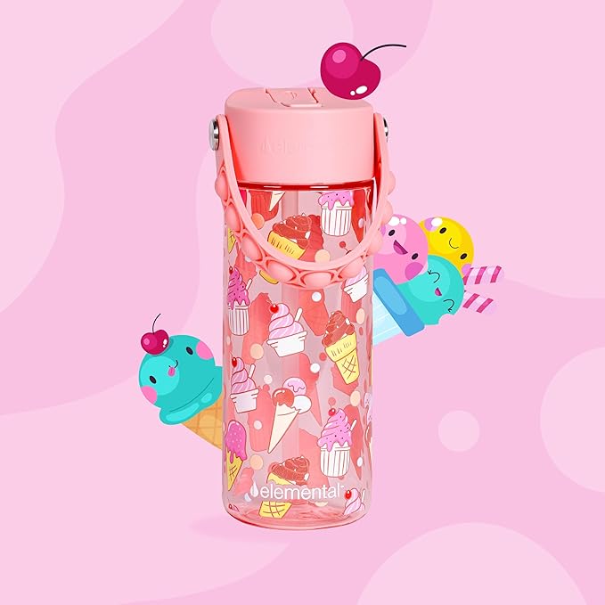 Elemental Leak Proof Water Bottles for Kids - Splash Kids Water Bottle for School with Fun Fidget Pop-it Handle - BPA Free Tritan Plastic Reusable Water Bottle with Straw - Ice Cream - 18oz