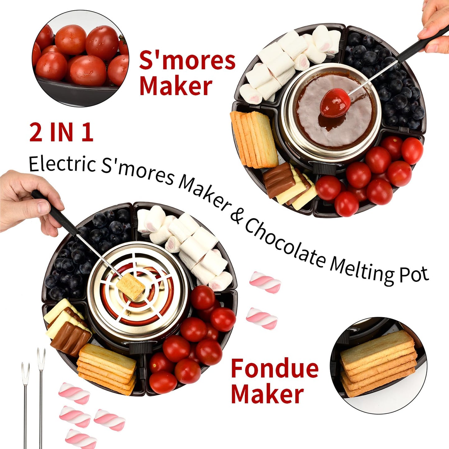 BADALU 2 in 1 Electric S'mores Maker & Fondue Pot, Tabletop Indoor S'mores Maker Kit with 4 Roasting Forks & 1 Flameless Temperature-controlled Heater,Housewarming Christmas Gifts,Family Gifts