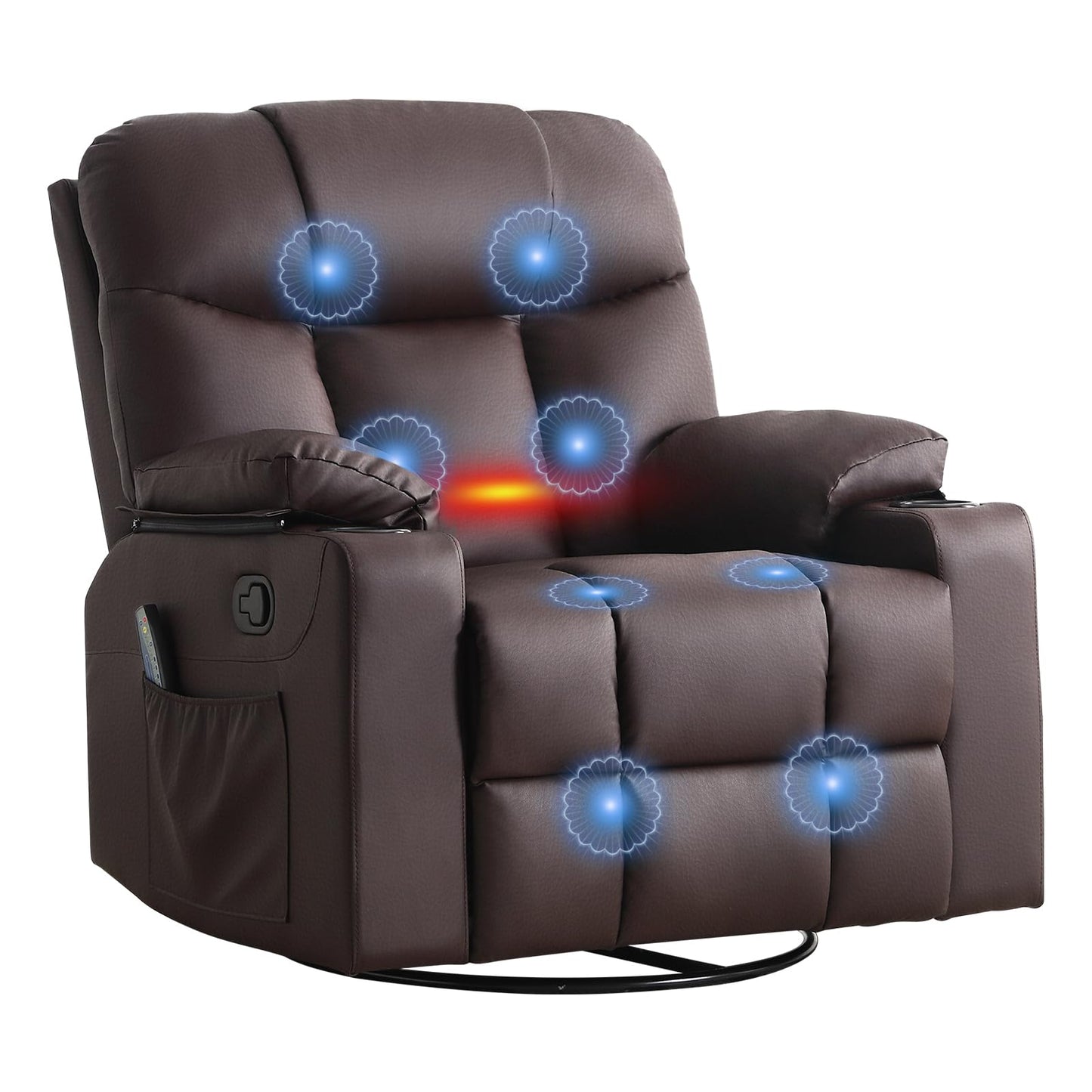 ANJ Swivel Rocker Recliner Chair Set of 2, Brown PU Leather, Manual 3-Position Reclining with Massage & Heat, Cup Holders for Living Room