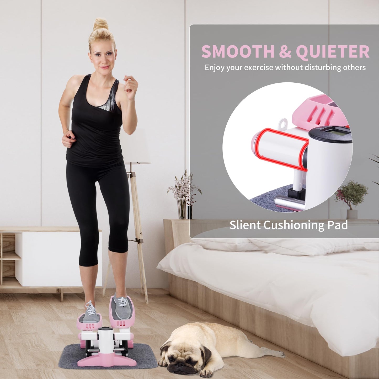 ZENOVA Steppers for Exercise at Home Portable Mini Stepper Stair Stepper with Resistance Band and Mat Fitness Stepper for Full Body Cardio Exercise 330lbs Weight Capacity Pink