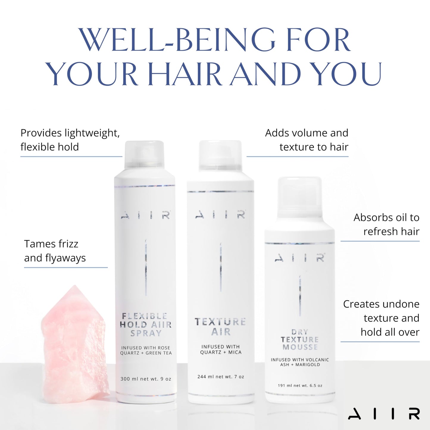 AIIR Styling Bundle, Texture Spray, Flexible Hold Hairspray, & Dry Texture Mousse, Volume & Light Hold For Thin Fine Hair, Soft Texture & Volume, Crystal Infused for Stronger, Healthier & Shinier Hair