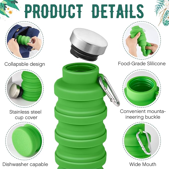 Lallisa 8 Pcs Collapsible Water Bottle Reusable Silicone Foldable Water Bottles 17 oz Portable Lightweight Sports Water Bottle with Carabiner for Gym Hiking Camping Travel (Fresh Colors)