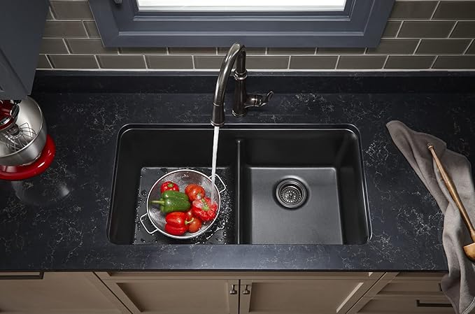 KOHLER K-8199-CM1 Cairn Sink, 33" Neoroc Composite Undermount Double-Bowl Kitchen Sink, Composite Kitchen Sink with Sink Rack, Matte Black