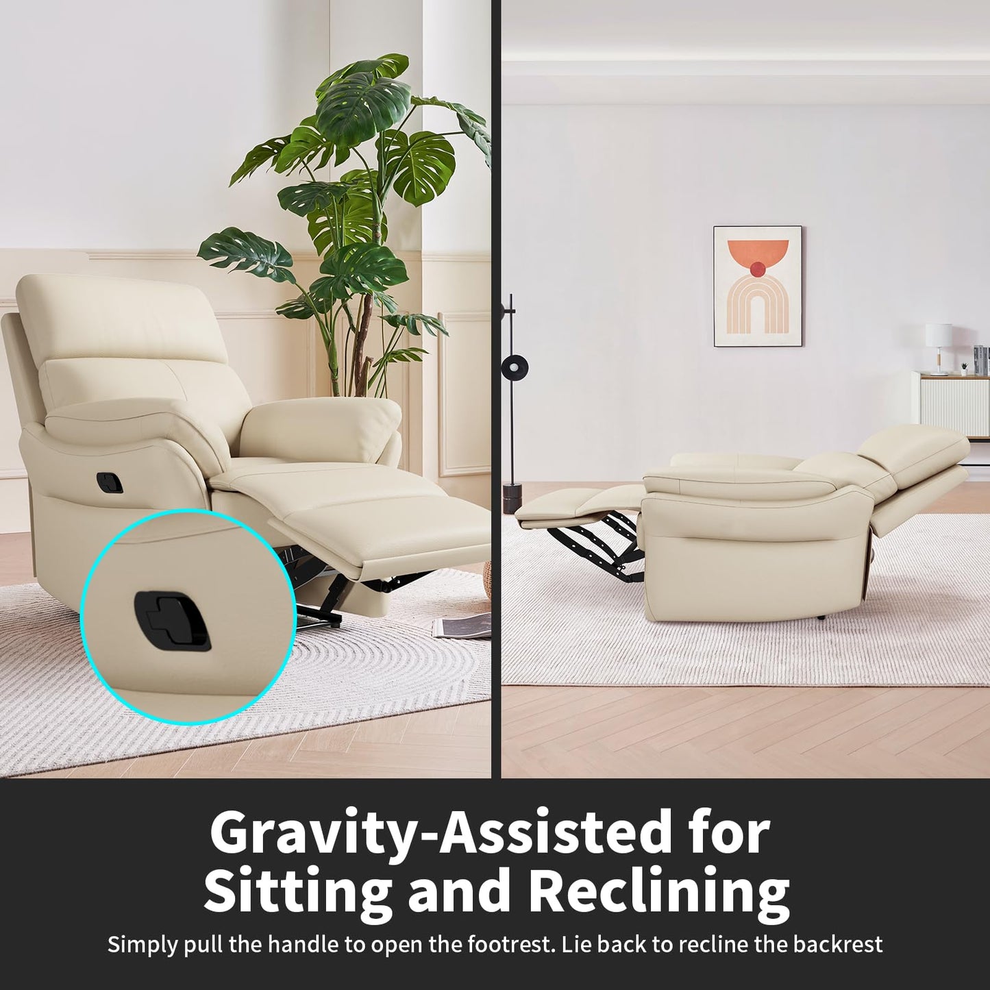 AIRSKY Genuine Leather Recliner Chair, Top Grain Leather, Italian Water-Washing Process, Recliner Chairs for Adults, for Living Room, Theater Seating, Bedroom. R1, Beige