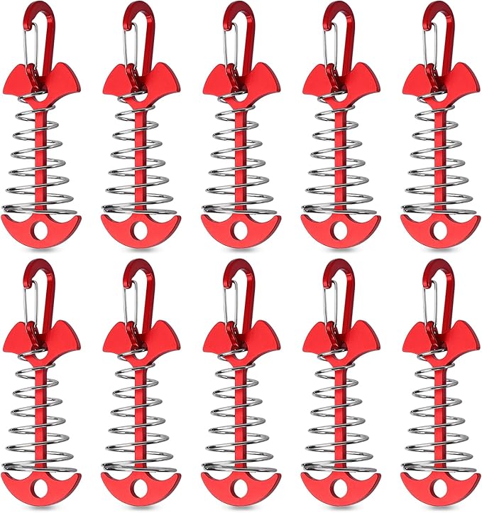TOBWOLF 10PCS Red Deck Anchor Pegs with Carabiners, Windproof Aluminum Deck Tie Down Spring Tent Stakes, Camping Outdoor Fishbone Tent Anchors Tent Rope Tensioner Guyline Cord Adjuster Tent Pegs