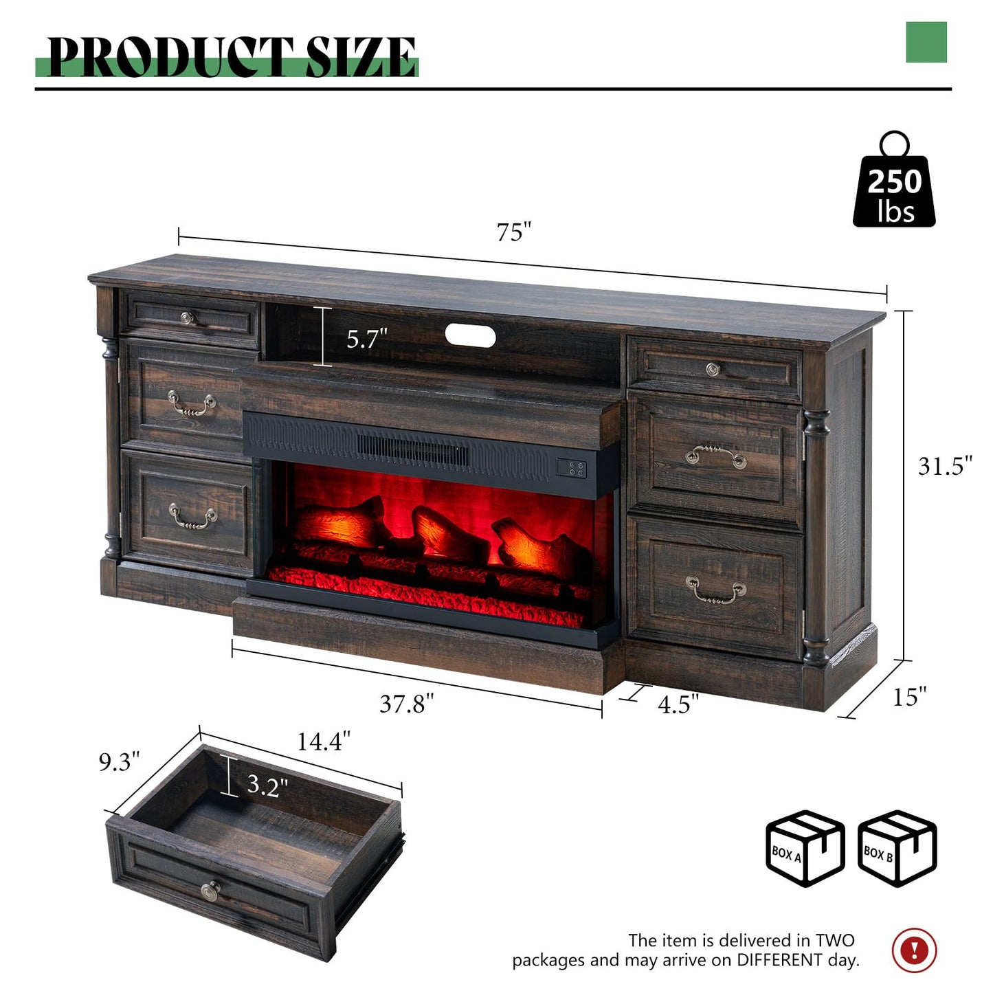 AMERLIFE 75" Fireplace TV Stand, Large TV Stand with 36" Fireplace, Farmhouse Entertainment Center with Solid Wood Roman Column, 2 Drawers & Cabinets Storage, for TVs up to 85", Dark Rustic Oak