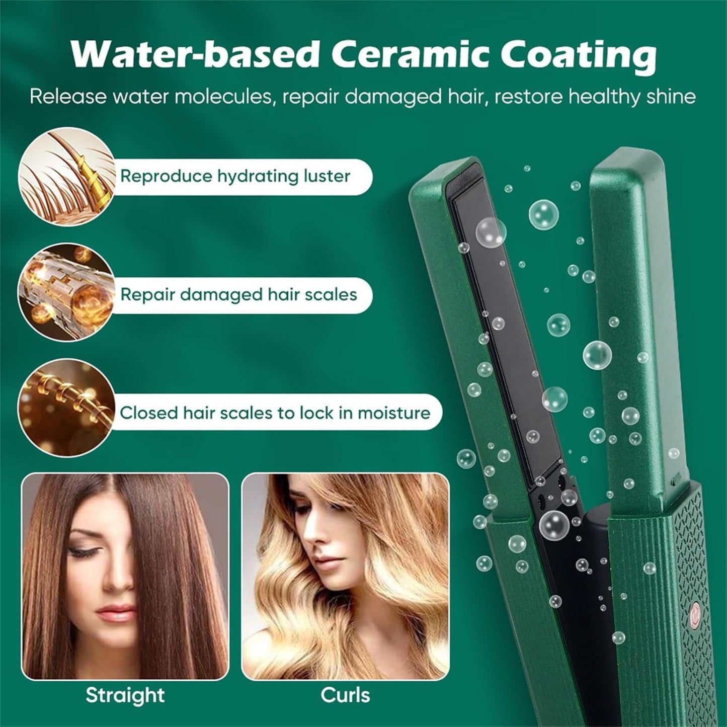 Cordless Hair Straightener, 2 in 1 Portable Mini Ceramic Flat Iron and Curler, USB-C Rechargeable Travel Straightener, Lock in Moisture & Shine, 3 Levels Adjustable (Green)