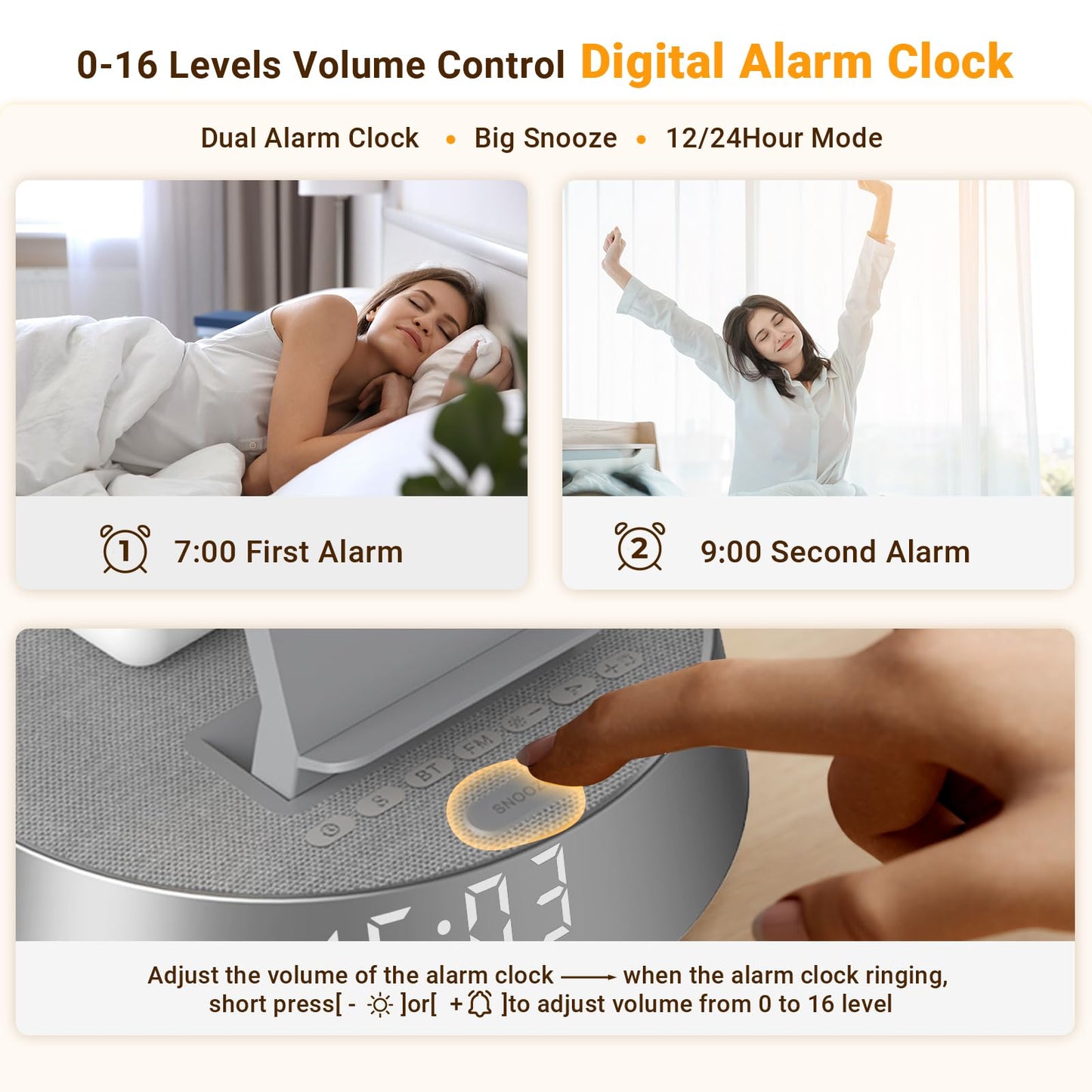 Alarm Clock Charging Station for Bedrooms, Wireless Charging Station with Dimmable Night Light Bluetooth Speaker, Mag-Safe Charger for iPhone 16 15 14 13 12 Pro Max, Apple Watch, AirPods Pro