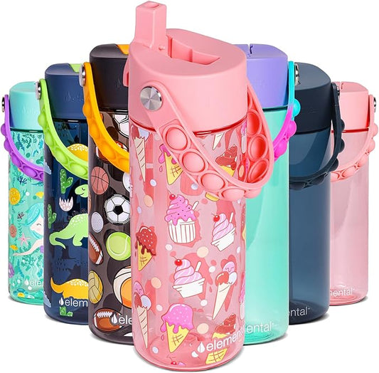 Elemental Leak Proof Water Bottles for Kids - Splash Kids Water Bottle for School with Fun Fidget Pop-it Handle - BPA Free Tritan Plastic Reusable Water Bottle with Straw - Ice Cream - 18oz