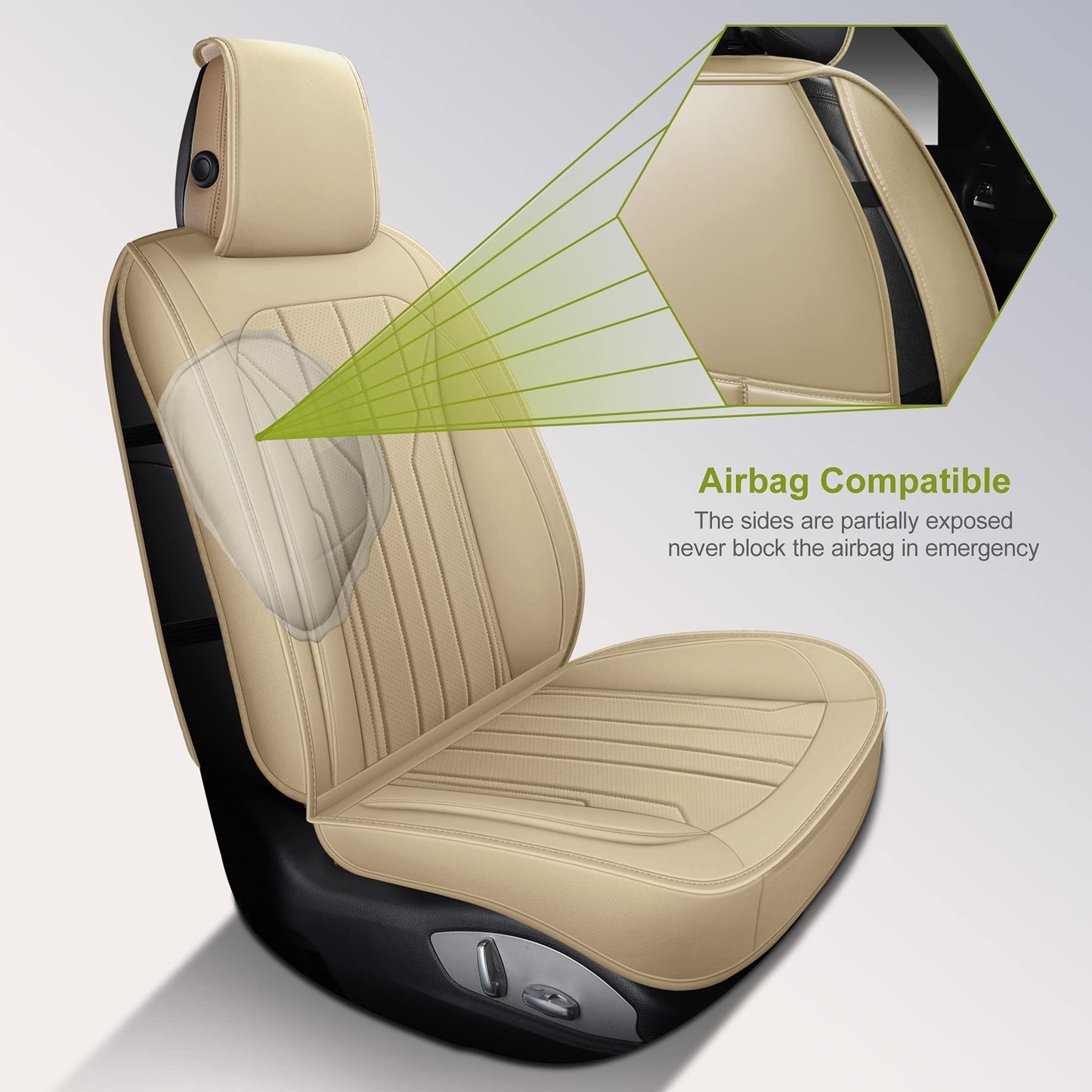 AOOG Leather Car Seat Covers, Leatherette Automotive Seat Covers for Cars SUV Pick-up Truck, Non-Slip Vehicle Car Seat Covers Universal Fit Set for Auto Interior Accessories, Front Pair, Beige