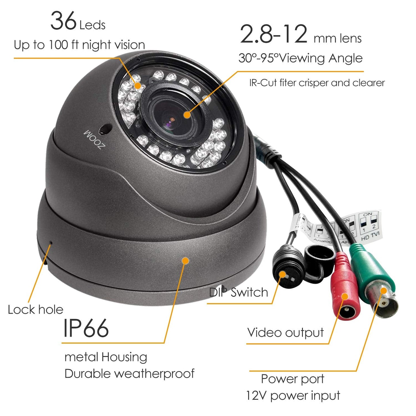 Analog CCTV Camera HD 1080P 4-in-1 (TVI/AHD/CVI/CVBS) Security Dome Camera Outdoor, 2.8mm-12mm Manual Focus/Zoom Varifocal Lens, Weatherproof Metal Housing 36 IR-LEDs Day & Night Monitoring (Grey)