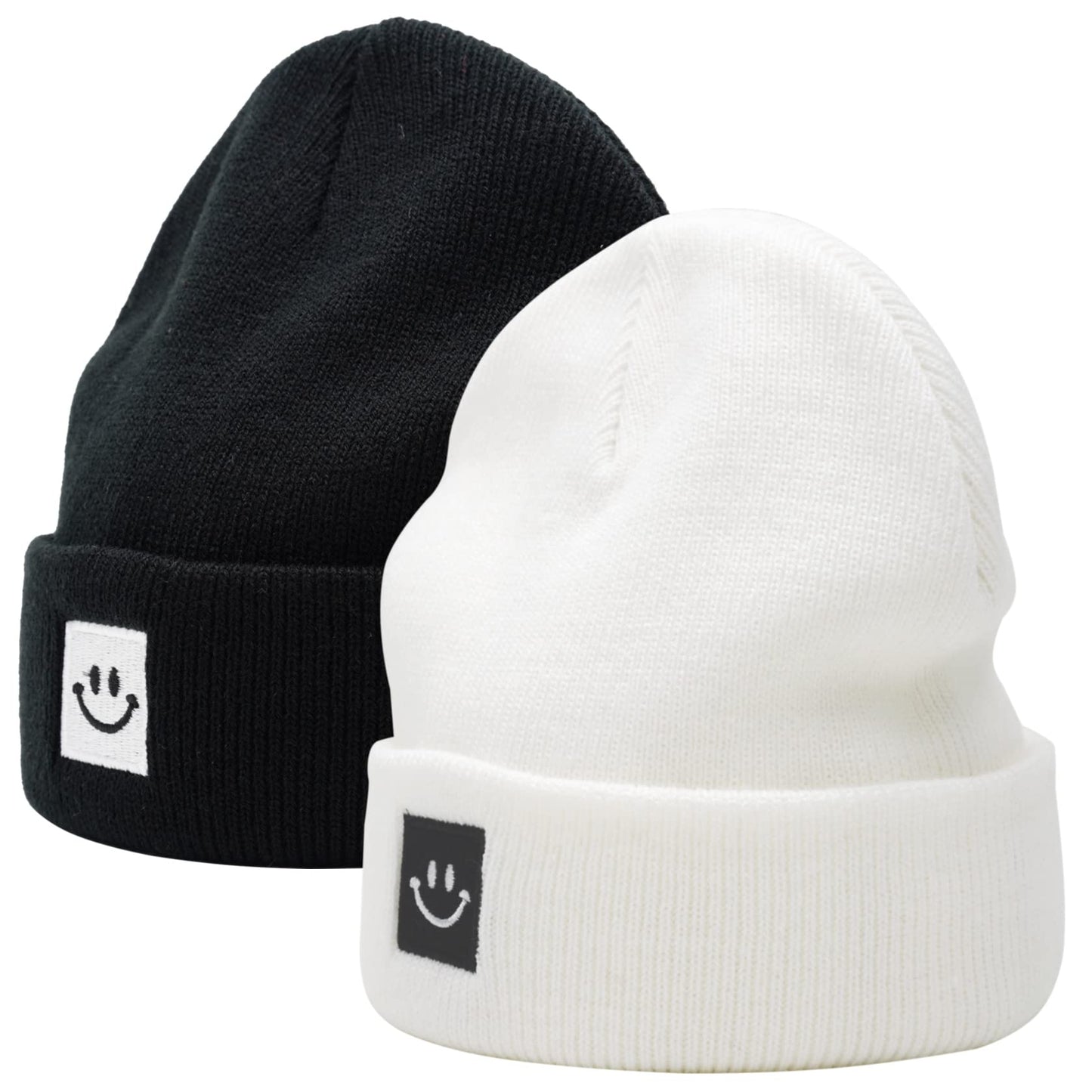 55cube Knit Cuffed Beanie for Men Women 2Pack White/Black