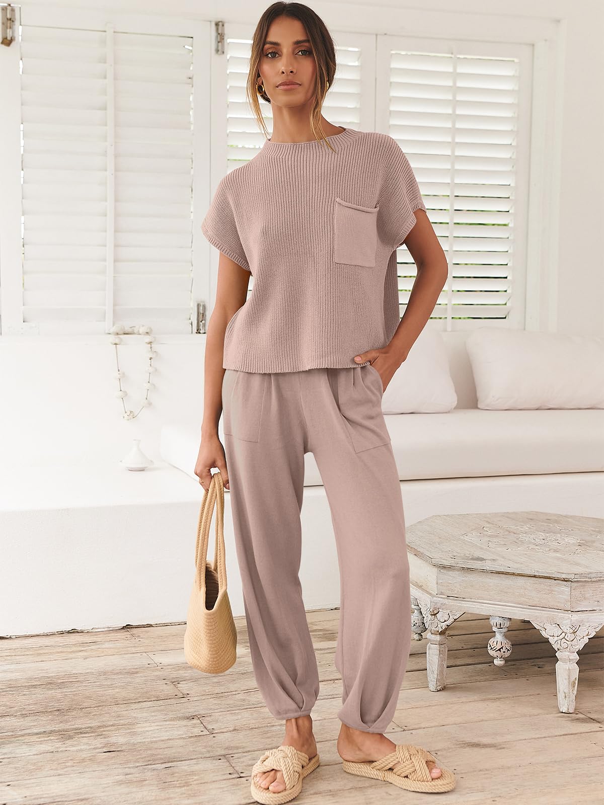 ANRABESS Women's Two Piece Outfits Knit Sweater Pullover Crop Top & Pants Lounge Matching Tracksuit Sweatsuit Sets 2024 Trendy Loungewear Clothes Light Pink X-Small