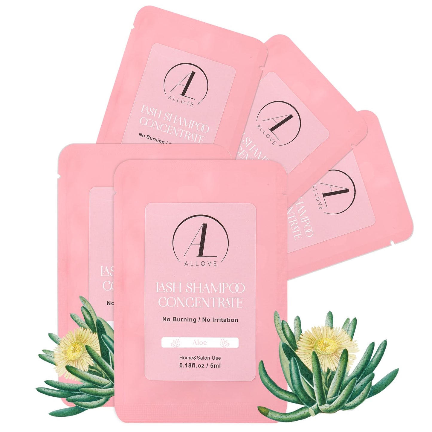 ALLOVE Lash Shampoo Concentrate (5ml x 5 Pack) - Gentle Cleanser for Sensitive Lash Extensions, Suitable for Salon & Home Use - Aloe Enriched