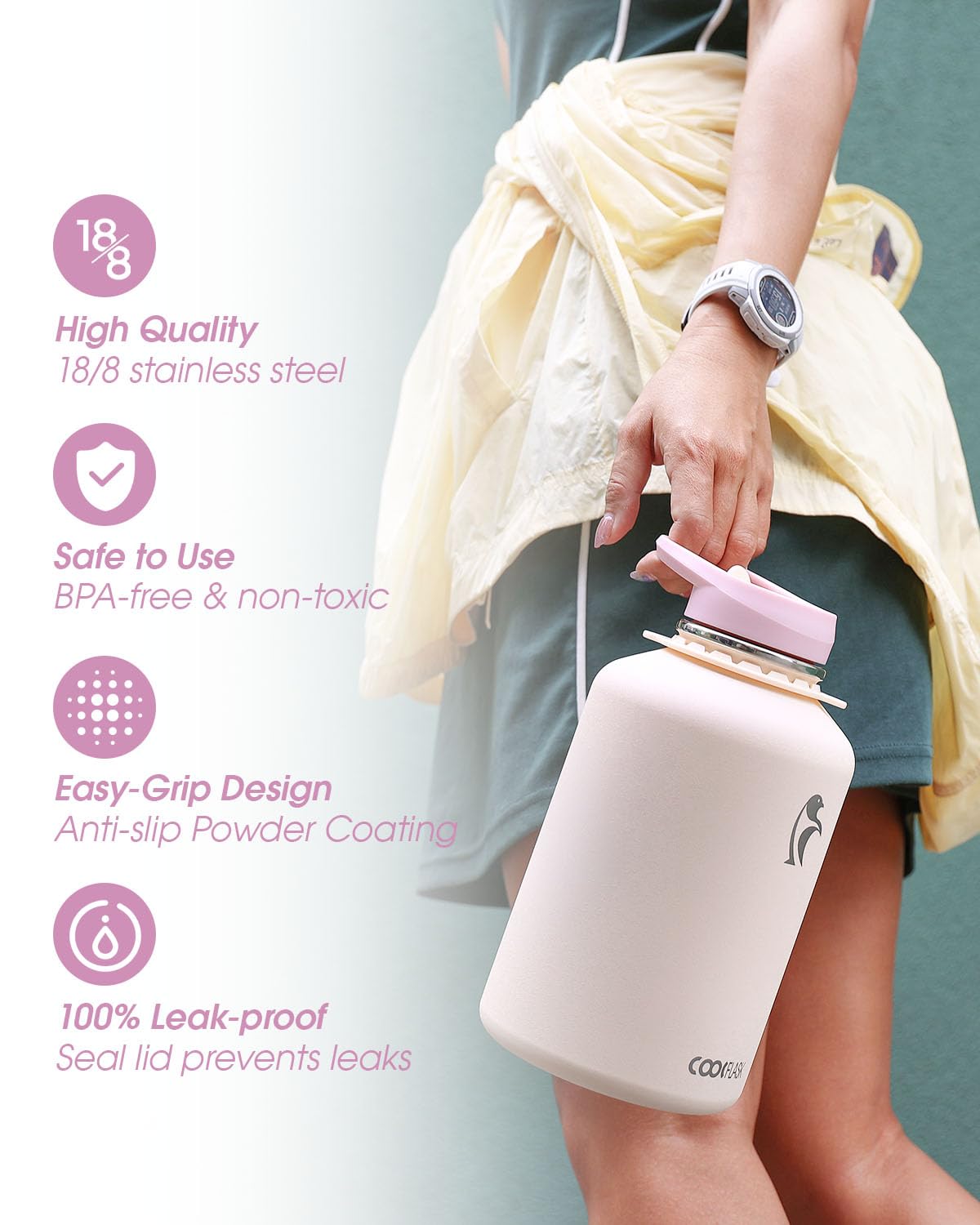 Coolflask Half Gallon Water Bottle Insulated with Straw, 64 oz Large Water Jug with Straw & Spout Lids, Double Wall Stainless Steel Metal Flask, Keep Cold 48h Hot 24h, Apricot Pink