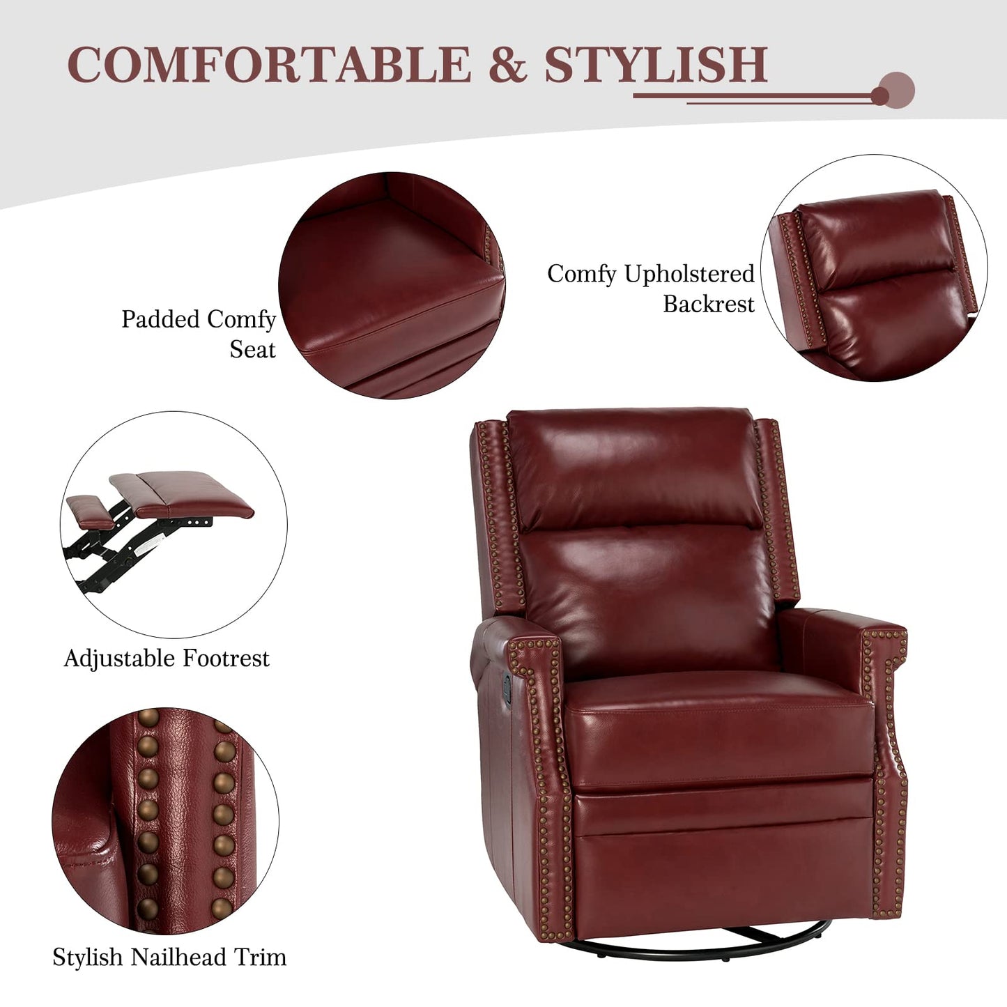 HULALA HOME Genuine Leather Swivel Rocker Recliner Chair Set of 2 for Living Room,Manual Glider Recliner with Adjustable Backrest&Footrest,Modern Home Theater Sofa Armchair with Nailhead Trim,BURGUNDY