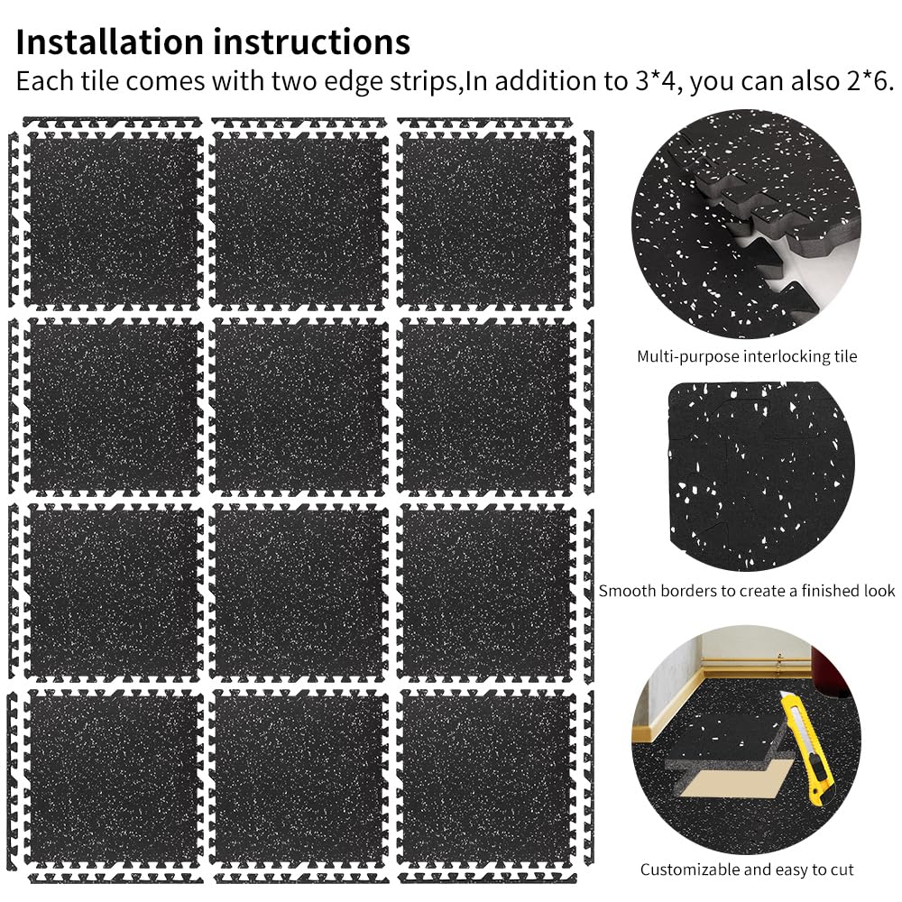 0.56in Thick 48 Sq Ft Gym Flooring for Home Gym, 12 Tiles Workout Exercise Equipment Mats, Rubber Top with EVA Foam, Interlocking Puzzle Floor Tiles for Fitness Room, Protective Flooring Mat