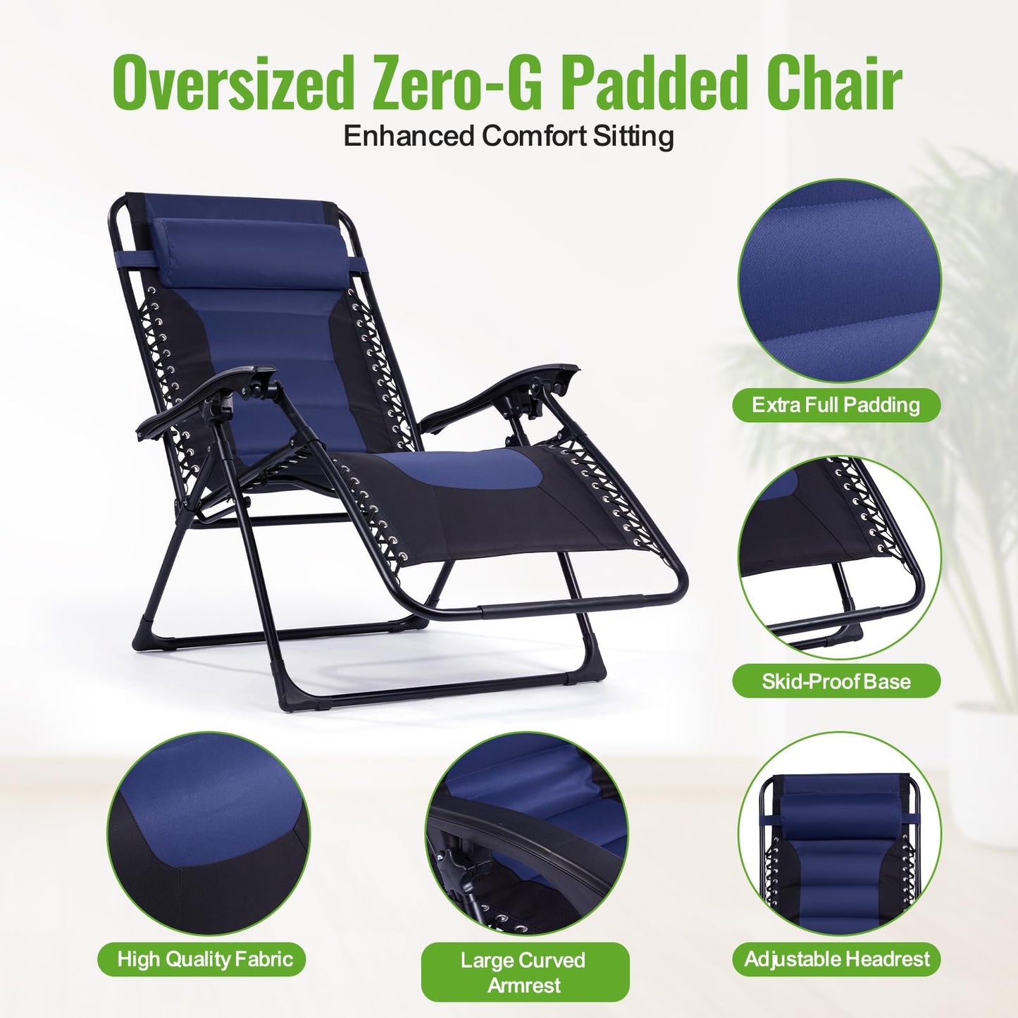 Backyard Expressions Deluxe XL Padded Recliner Chair – Ergonomic Anti-Gravity Lounger with Folding Design, Side Tray, and Adjustable Headrest
