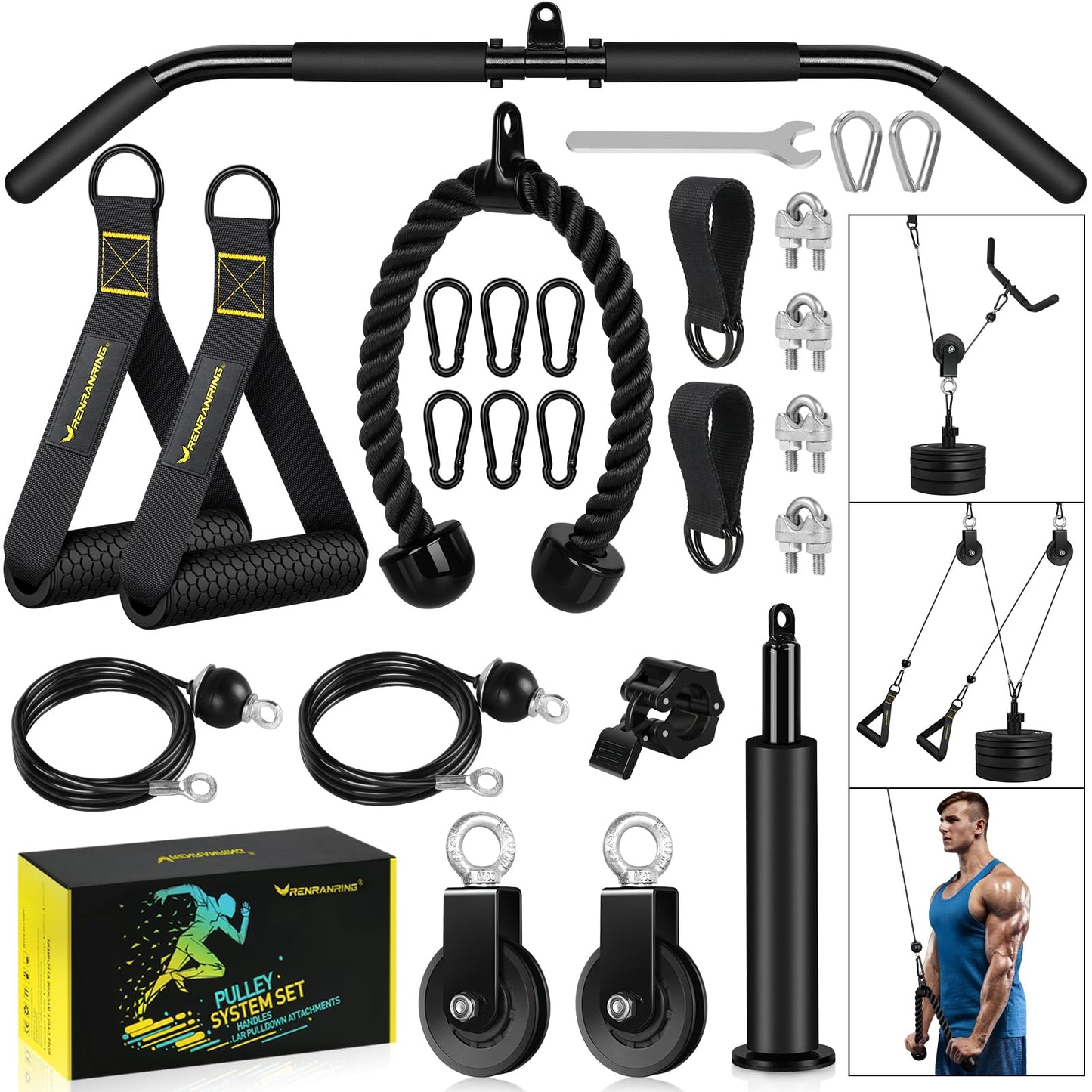 RENRANRING Weight Cable Pulley System Gym, Upgraded Cable Pulley Attachments for Gym LAT Pull Down, Biceps Curl, Tricep, Arm Workouts - Weight Pulley System Home Gym Add On Equipment
