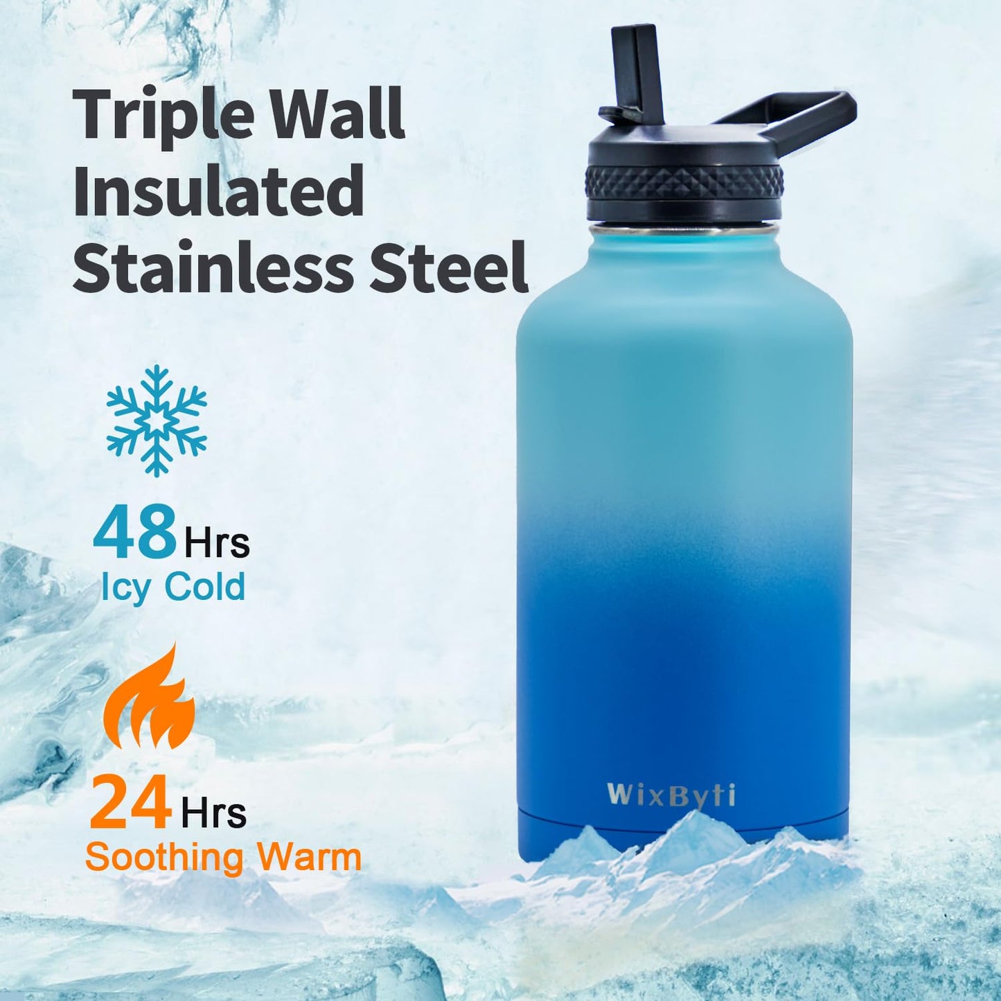 WixByti 64 oz Insulated Water Bottle with Straw (Cold for 48 Hrs), Half Gallon Stainless Steel Triple Wall Vacuum Sports Water Jug, Leakproof Hydro Cup Flask with Straw Spout Lids & DIY Stickers
