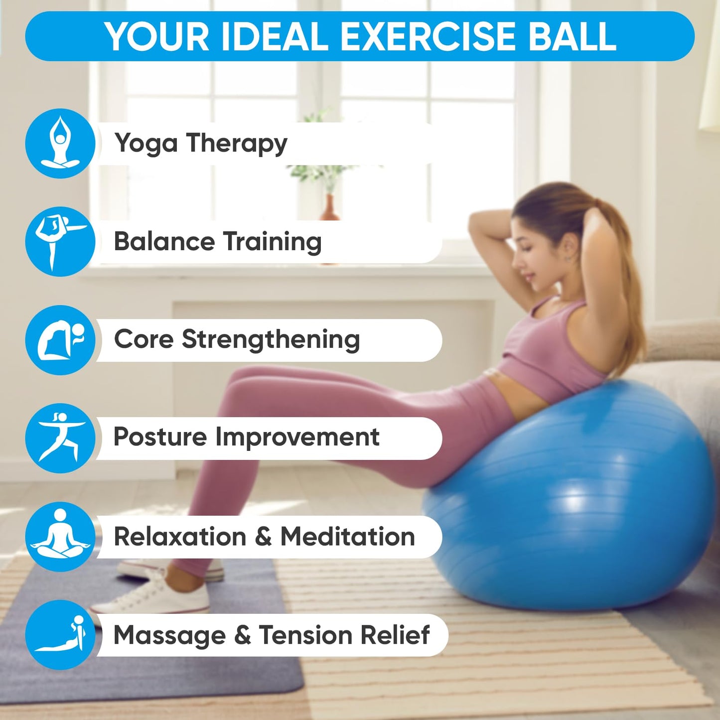 APEXUP Yoga Ball Exercise Ball, Anti Slip Stability Ball Chair, Heavy Duty Large Gym Ball for Fitness, Balance, Core Workout and Physical Therapy (S (15"~18") 45cm, Blue)