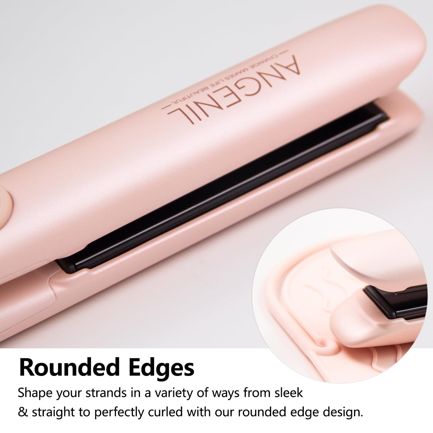 ANGENIL Pro Titanium Flat Iron Hair Straightener and Curler 2 in 1, Round Pink Dual Voltage Hair Straightener Irons with Heat Resistant Silicone Mat Hot Tools, Large LCD Display, 20S Fast Heating