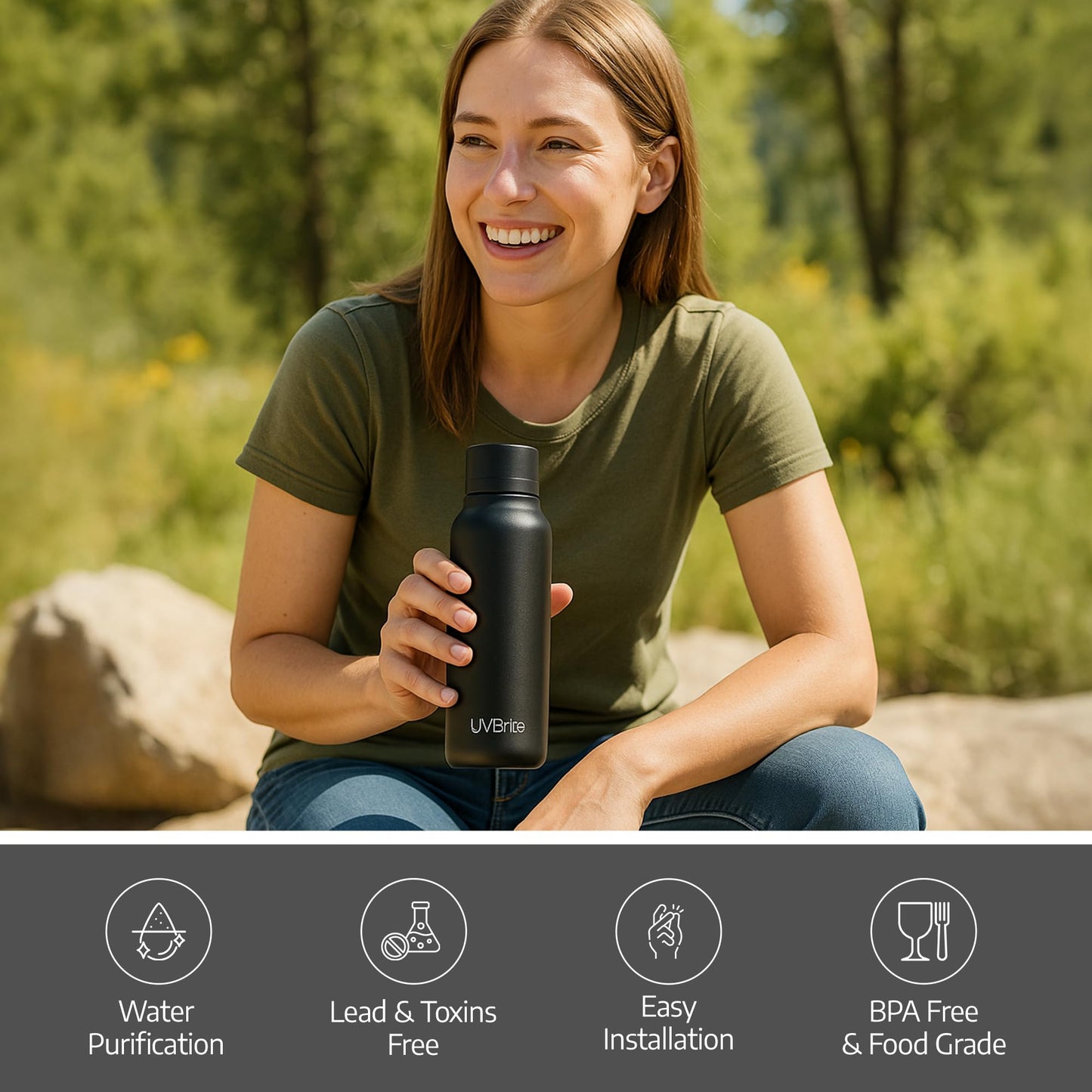 UVBRITE UV self-Cleaning and Water-Purifying Bottle TT-B02-18.6 Ounce Insulated Rechargeable Stainless-Steel Tumbler with Safety Lock Prevents Accidental Exposure Ideal for Outdoor and Emergency use