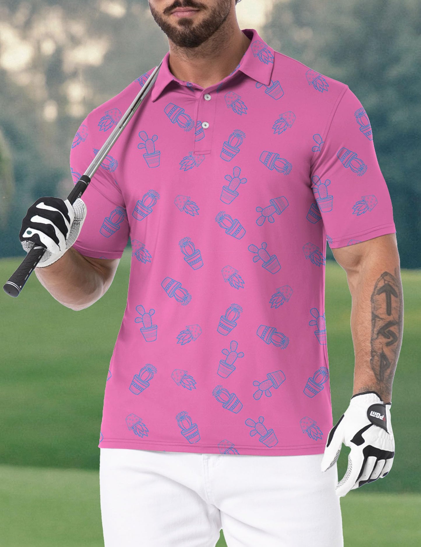 Askdeer Men's Golf Polo Shirts Short Sleeve Performance Dry Fit Polo Shirt Moisture Wicking Casual Golf Shirts Pink Cactus