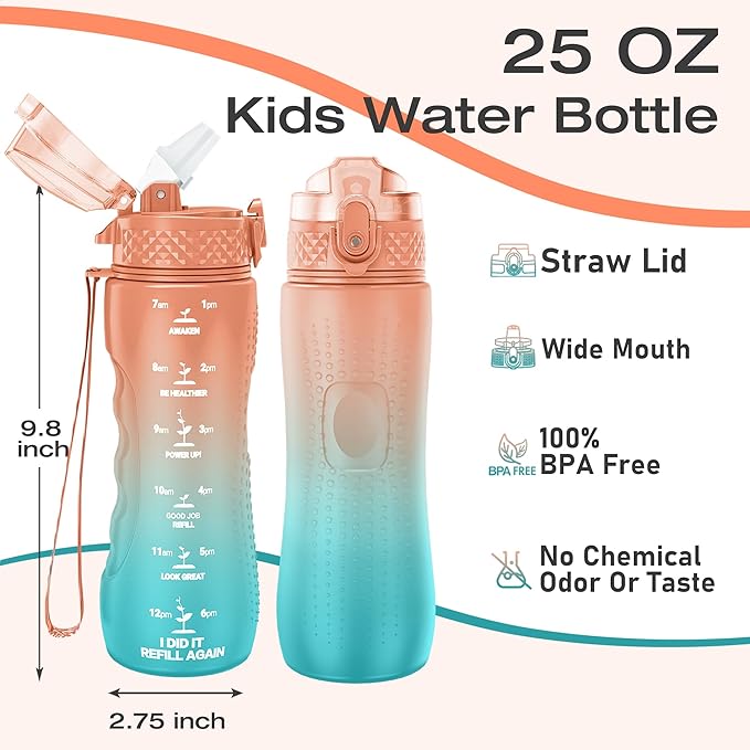 OLDLEY Kids Water Bottle for School, 25 oz (Straw Lid) BPA-Free Reusable Leak-proof Durable Tritan Plastic Water Bottles with One-handed Opening Straw Lids, Anti-dust Spout Cover (Sunflower)