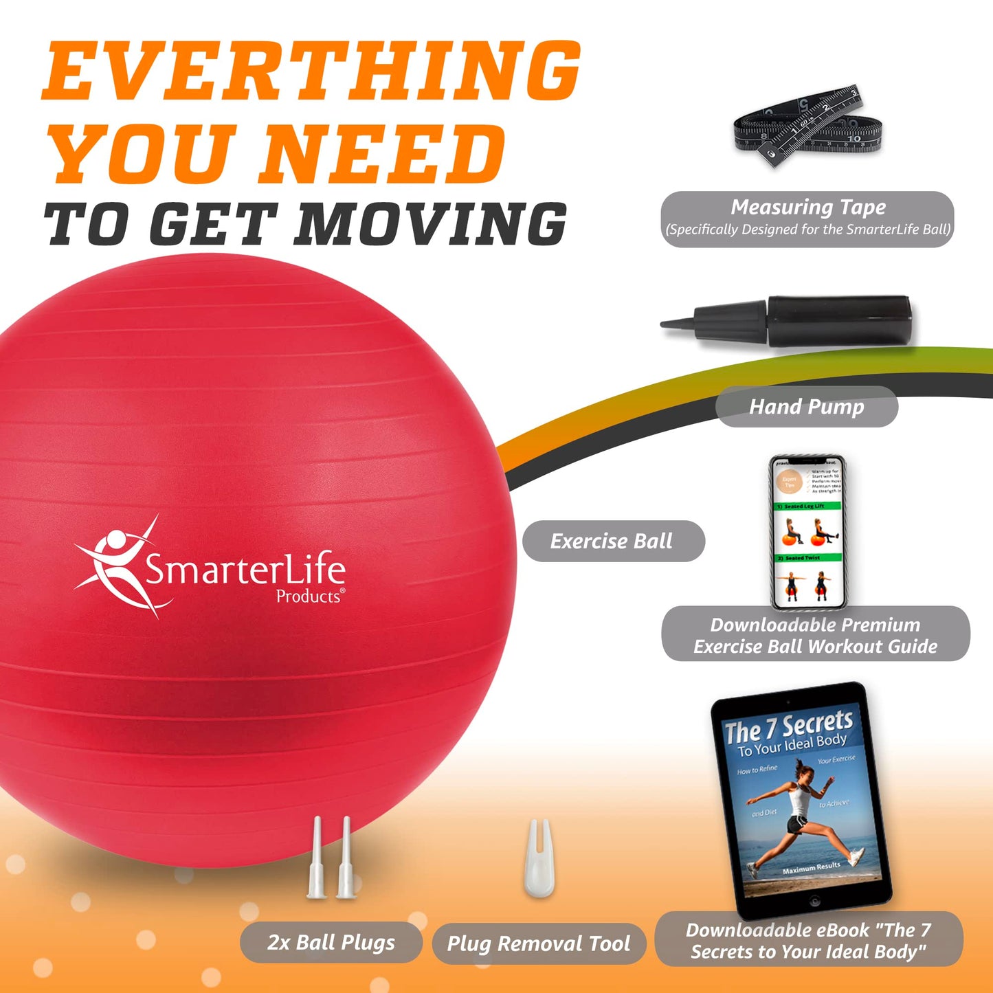 SmarterLife Workout Exercise Ball for Fitness, Yoga, Balance, Stability, or Birthing, Great as Yoga Ball Chair for Office or Exercise Gym Equipment for Home, Non-Slip Design (45 cm, Red)