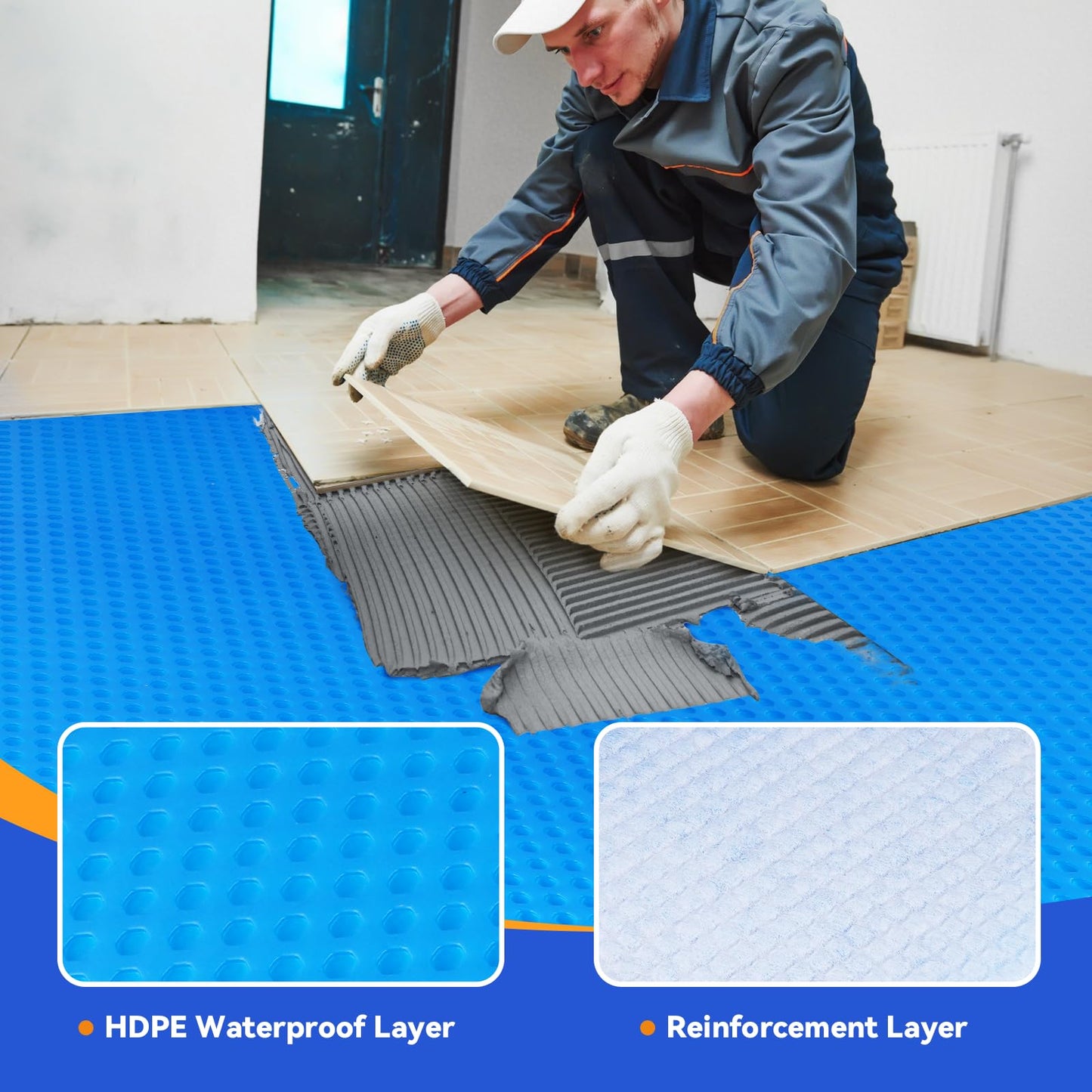 Uncoupling Membrane for Tile, 1/8''(3mm) Waterproof Flooring Underlayment – 108 Sq.Ft Crack Prevention Mat for Bathroom, Shower, Kitchen, Basement