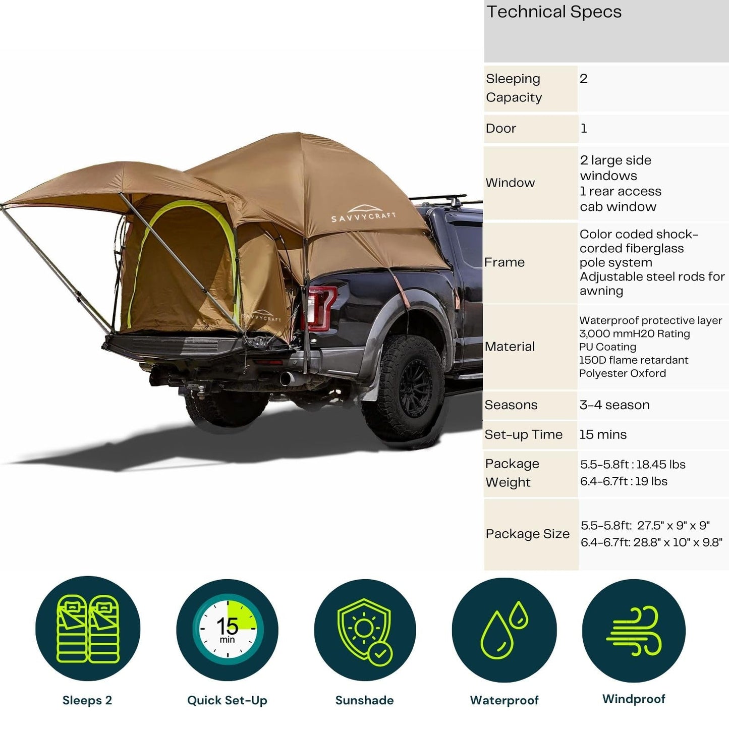 Savvycraft Pickup Truck Bed Tent for Full Size Truck 6.4'-6.7' Bed, Waterproof P3000mm 2-Person Double Layer Truck Bed Tent Camping Tent, Expandable Awning, Rainfly, Storage Bag Included Brown