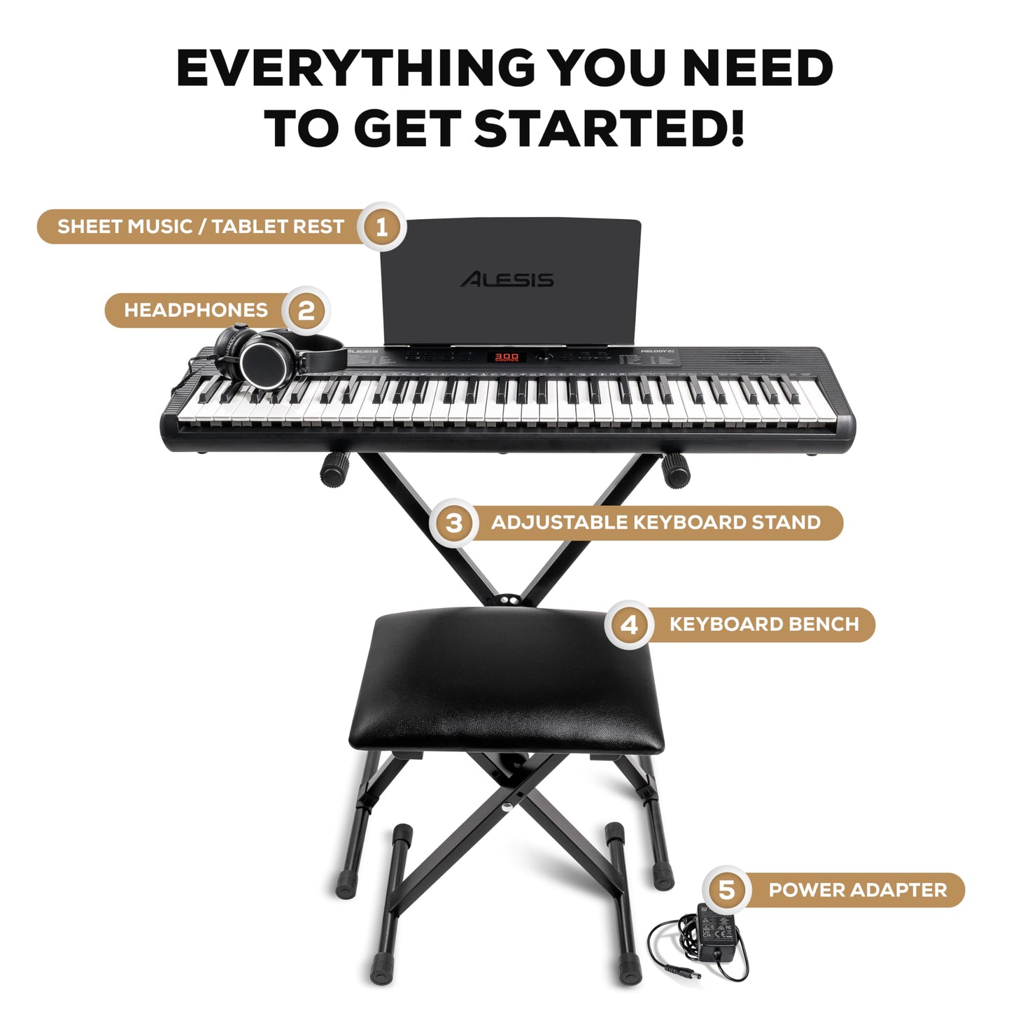 Alesis Melody 61 MK4 Keyboard Piano for Beginners with 61 Keys, Speakers, Stand, Bench, Headphones, Tablet/Sheet Music Stand, 300 Sounds and Music Lessons