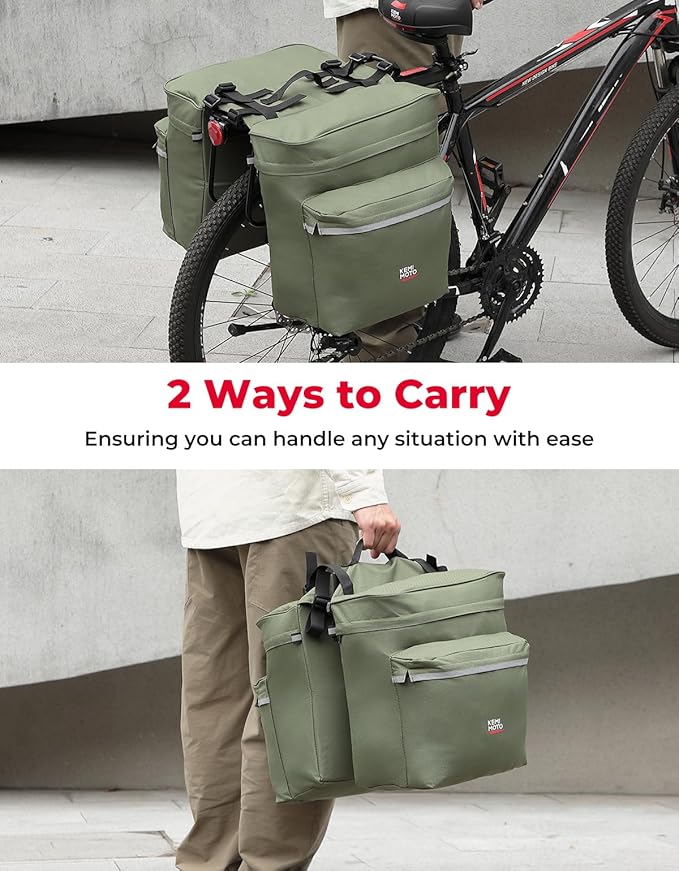 KEMIMOTO Portable Bike Pannier Bag, 34L Large Capacity Water Resistant Bicycle Trunk Bag with Reflective Trim, Bike Rear Seat Saddle Bag for Grocery Shopping Commuter Long Cycling Trip (Green)