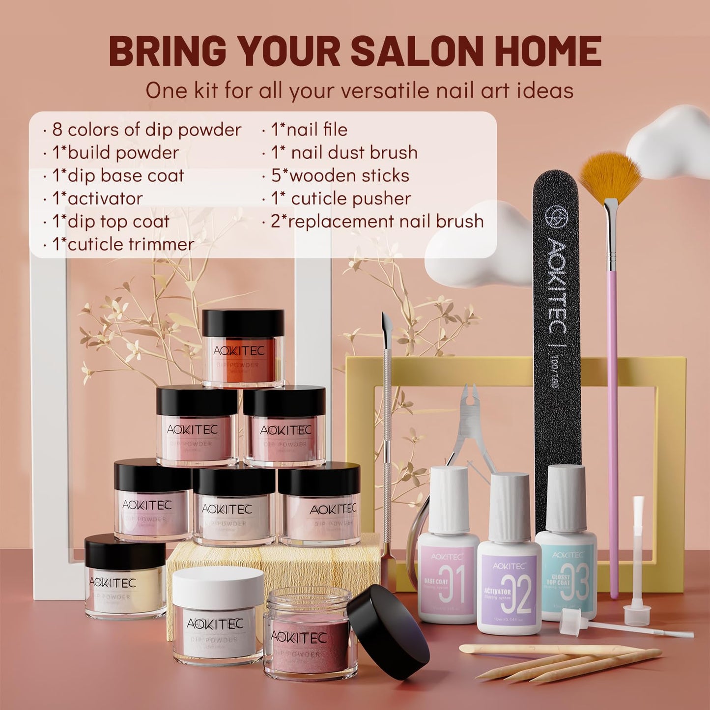 Aokitec Dip Powder Nail Kit Starter with Dip Build Powder, White Nude Pink Brown Giltter 8+1 Colors Dipping Powder Liquid Set with Base/top Gel Activator for Nail Manicure Salon Gift