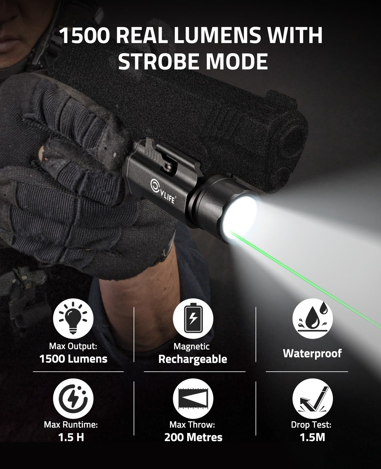 CVLIFE 1500 Lumens Pistol Light Laser Combo, Strobe & Memory Function for Green Laser Light Combo and Picatinny Flashlight with Adjustable Rail Magnetic USB Rechargeable Compact Tactical Flashlight