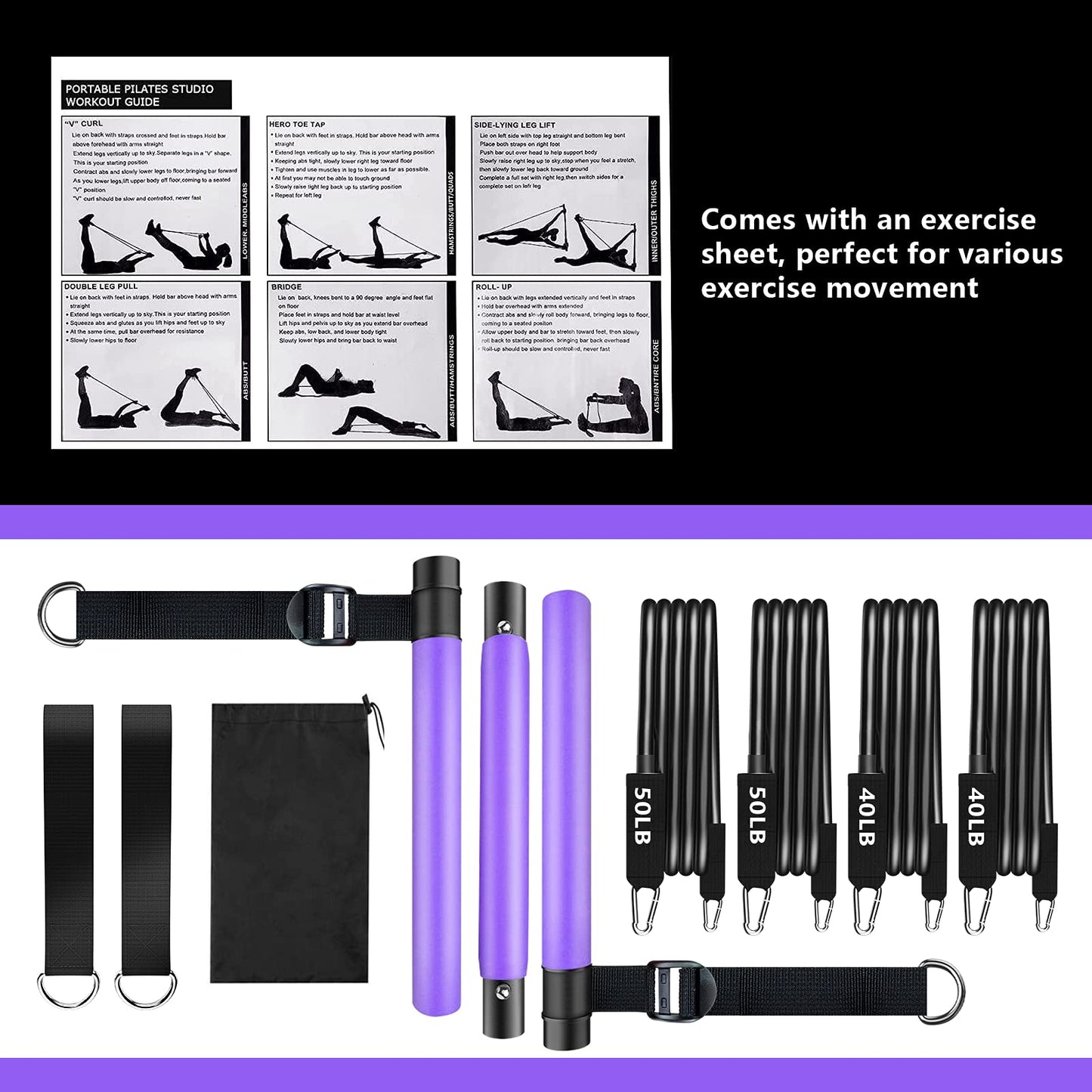 Pilates Bar Kit with Resistance Bands, Adjustable 3-Section Pilates Bar with Stackable Bands Workout Equipment for Legs,Hip,Waist and Arm Full Body Workouts Pilates (Purple(Adjustable,40/50lbs)