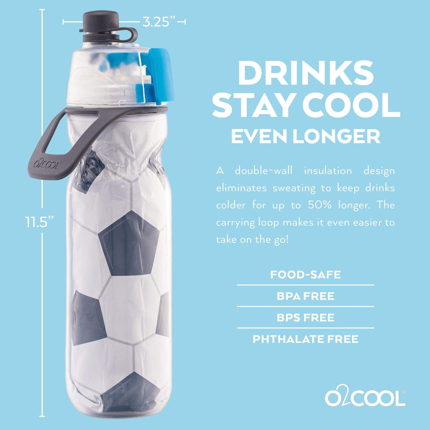 O2COOL Mist 'N Sip Misting Water Bottle 2-in-1 Mist And Sip Function With No Leak Pull Top Spout Sports Water Bottle Reusable Water Bottle - 20 oz (2 Pack Soccer)