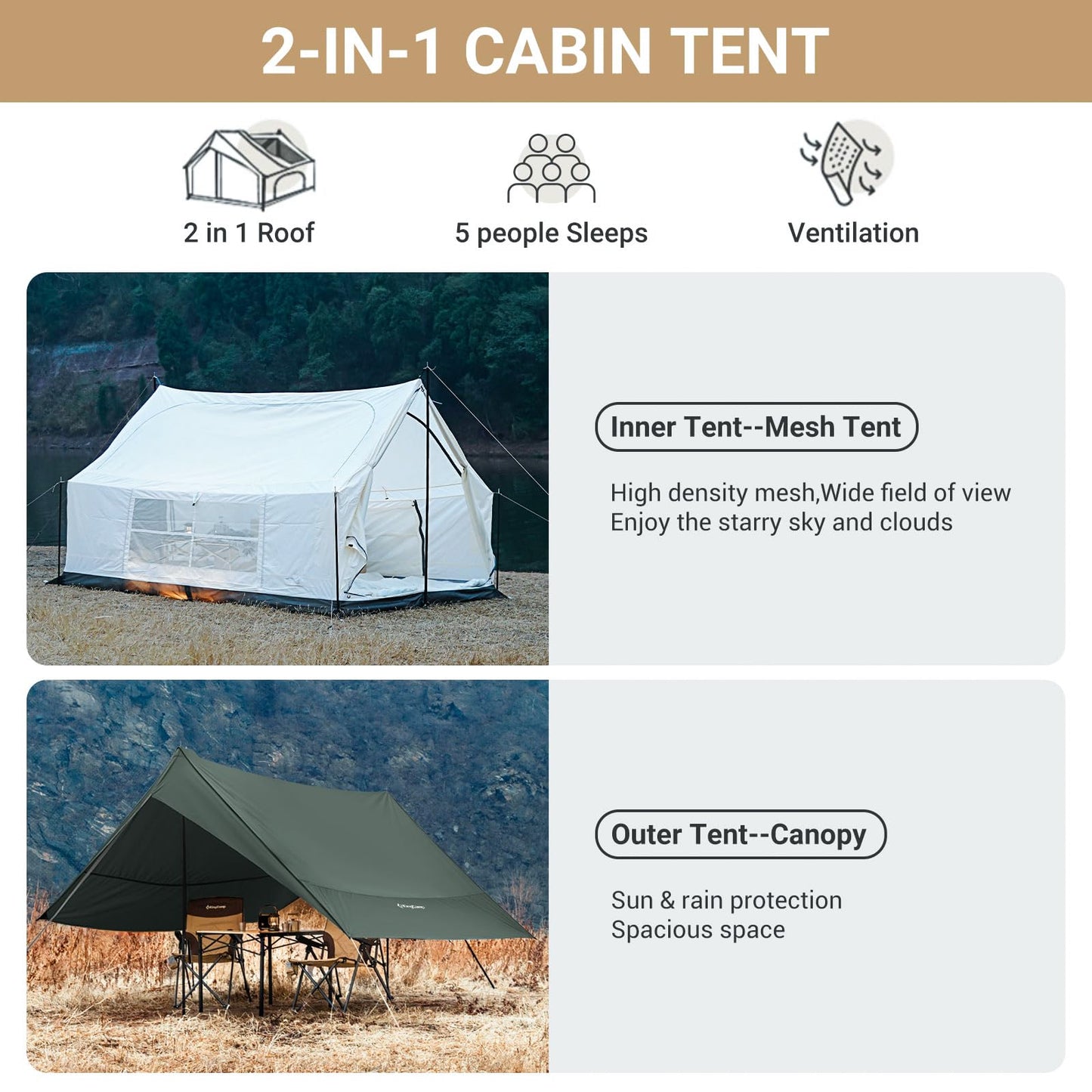 KingCamp Canvas Cabin Tent with Large Windows, Waterproof & Breathable 3/4 Season Tents, Easy Setup Glamping Tent with Carry Bag, for Camping, Picnic Olive Green
